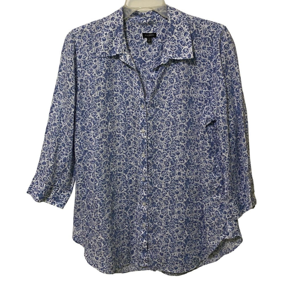 Talbots‎ Button Back Linen Tunic Top Batik Floral Print L Blue Classic Preppy